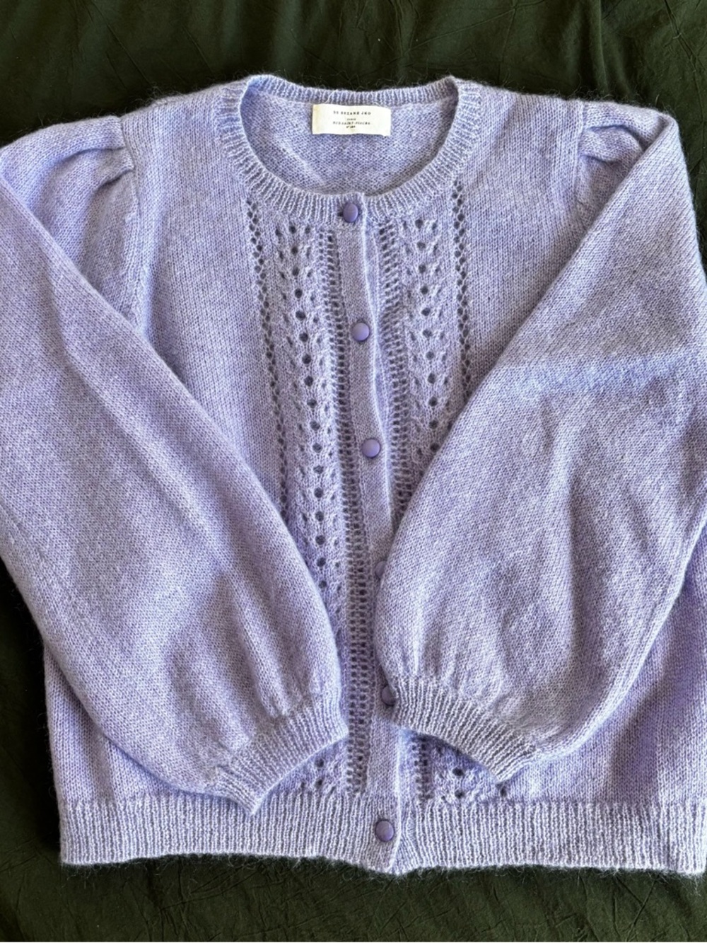 Sezane Lavender Égide Cardigan Puff-Sleeve Eyelet Knit Cardigan